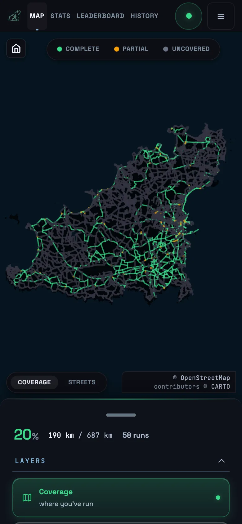 everylane on a phone: a runner's map at 20%, green roads reaching every coast, most streets still grey