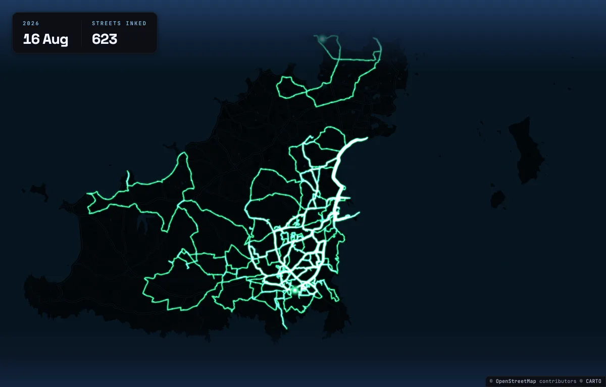 The replay part-way through a runner's first six months: mint routes glowing out from St Peter Port to the west and north coasts