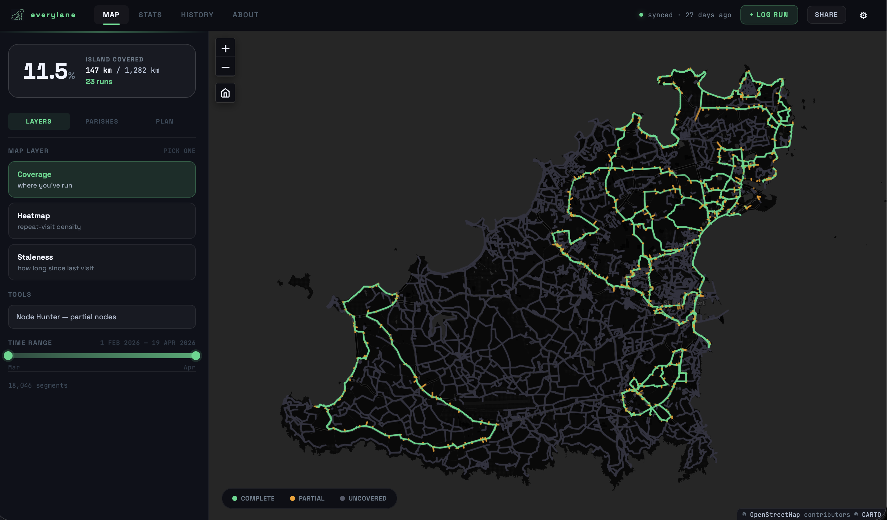Coverage map of Guernsey showing roads run